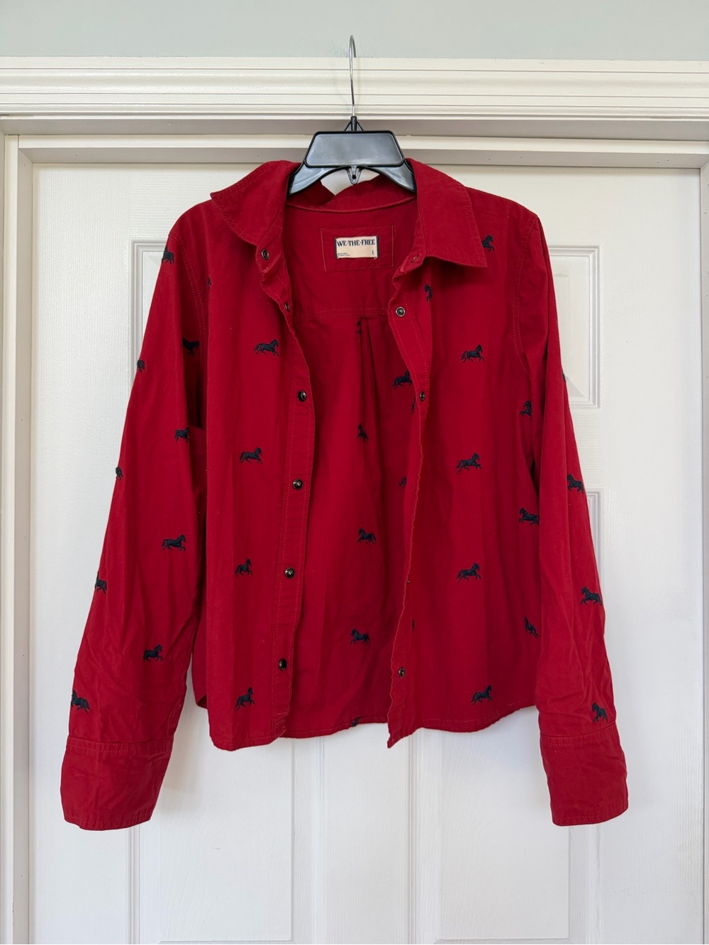 We The Free Red Button-Front Shirt with Navy Horse Embroidery